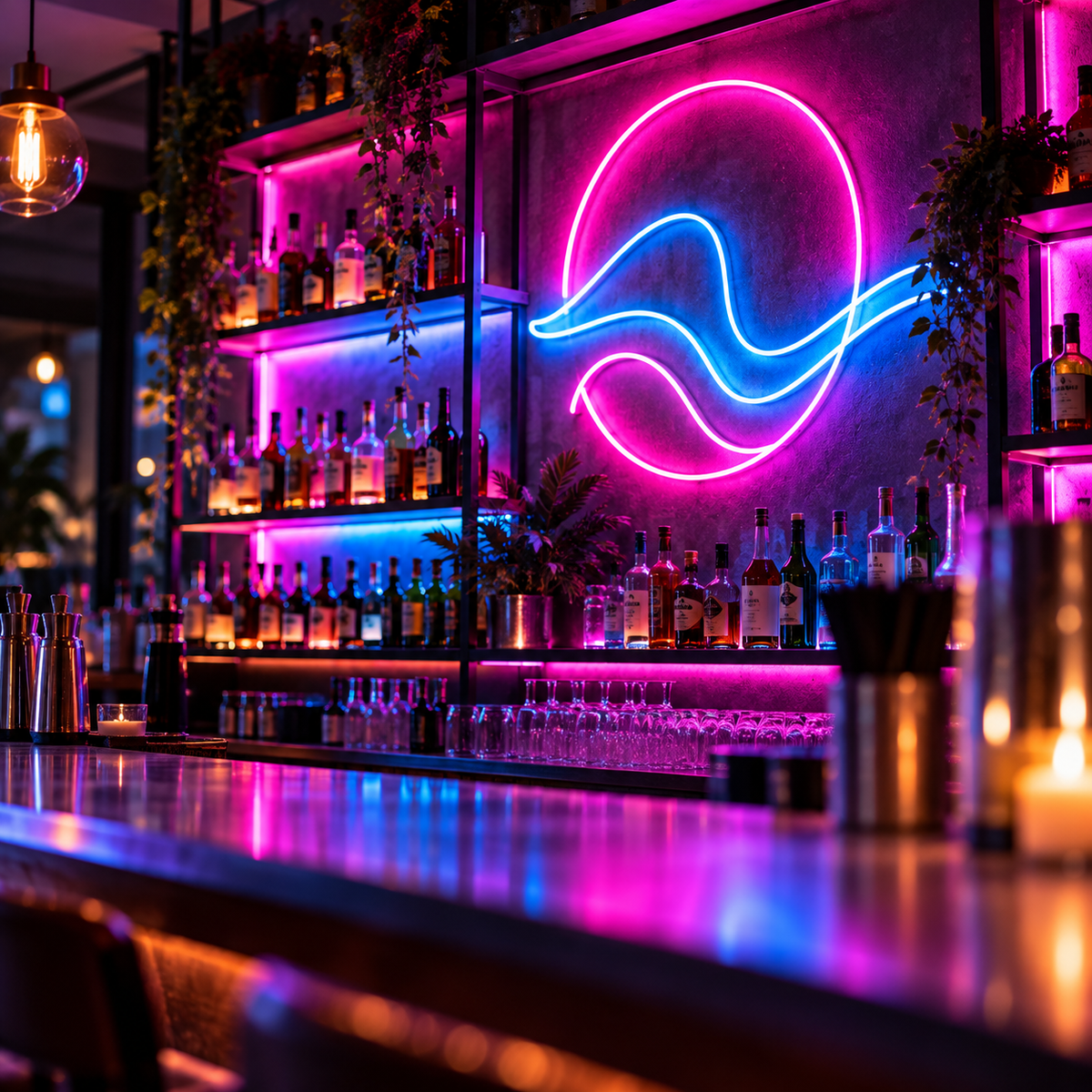 Duvarda pembe ve mavi LED neon yazı uygulaması