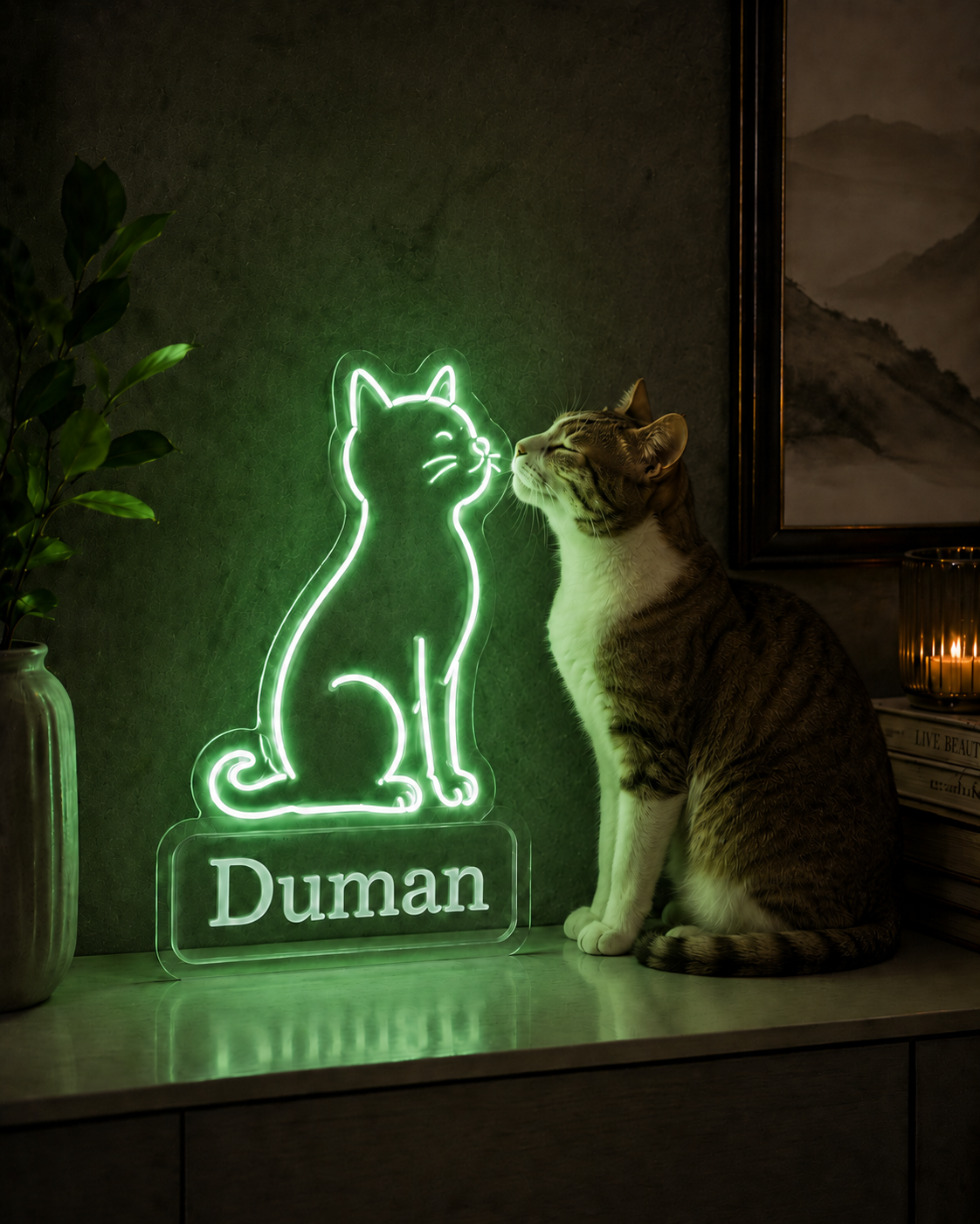 Duman isimli yeşil kedi figürlü kişiye özel neon tabela
