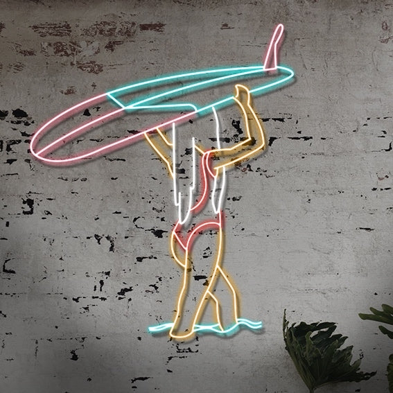 Surf Tahtası ve Surfy Kız Neon Led Tablo (75x85cm) plaj temalı genç odası dekoru | DefneonReklam Kadıköy