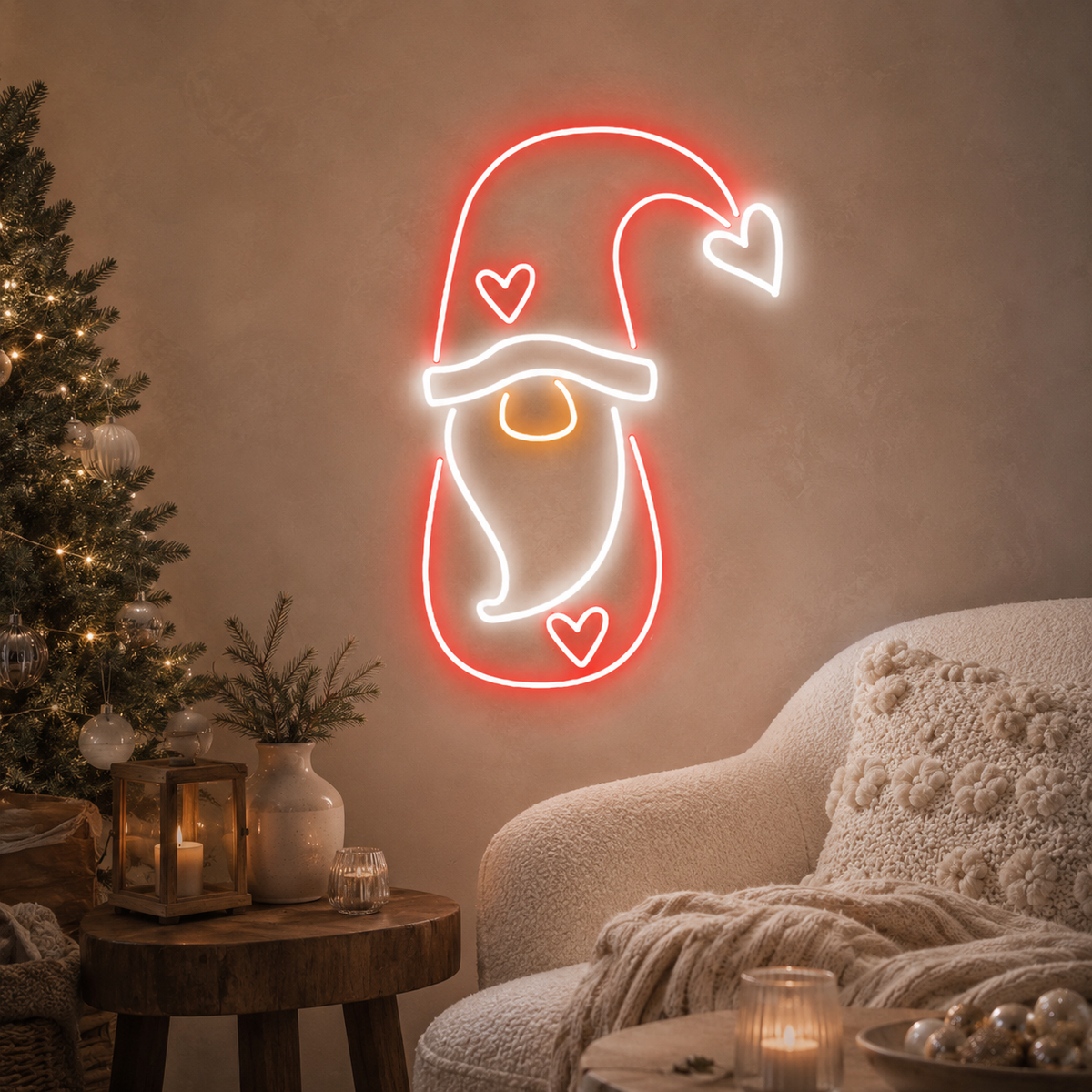 Noel Baba neon led tabela, yılbaşı dekorlu salon köşesinde