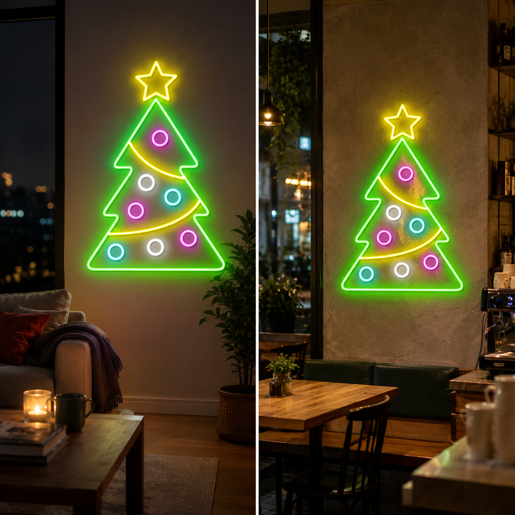 İki yeşil yılbaşı ağacı neon led tabela, kafe iç mekanında