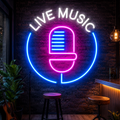 Pembe ve mavi Live Music neon tabela, tuğla duvarlı bar sahnesinde