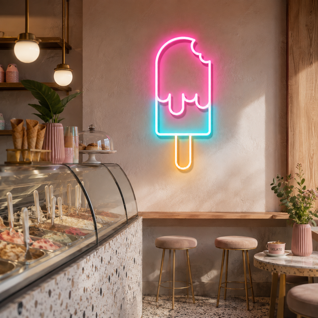 Dondurma neon led tabela, kafe tezgahının arkasında