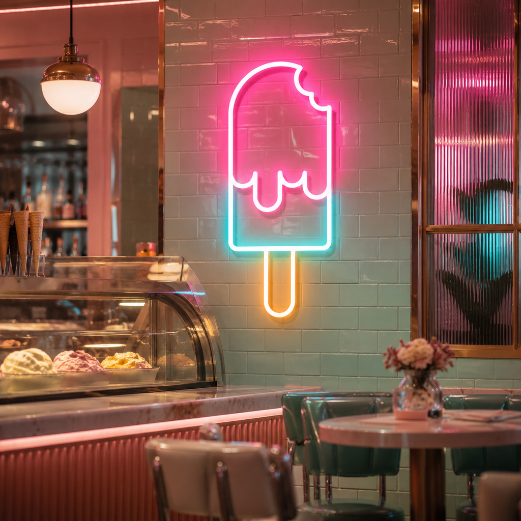 Pembe ve turkuaz dondurma neon led tabela, dondurma dükkanı vitrininde