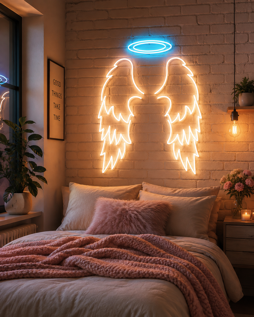 Taçlı melek kanadı neon led tablo, tuğla duvarlı yatak odasında