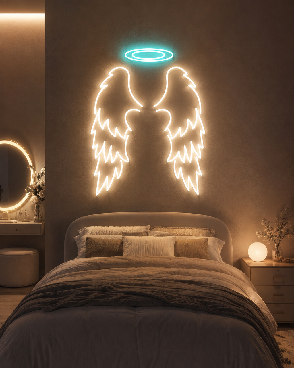 Taçlı melek kanadı neon led tablo, gri tonlu yatak odasında