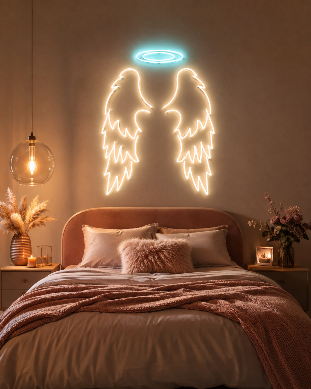 Taçlı melek kanadı neon led tablo, pembe yatak odası başucunda