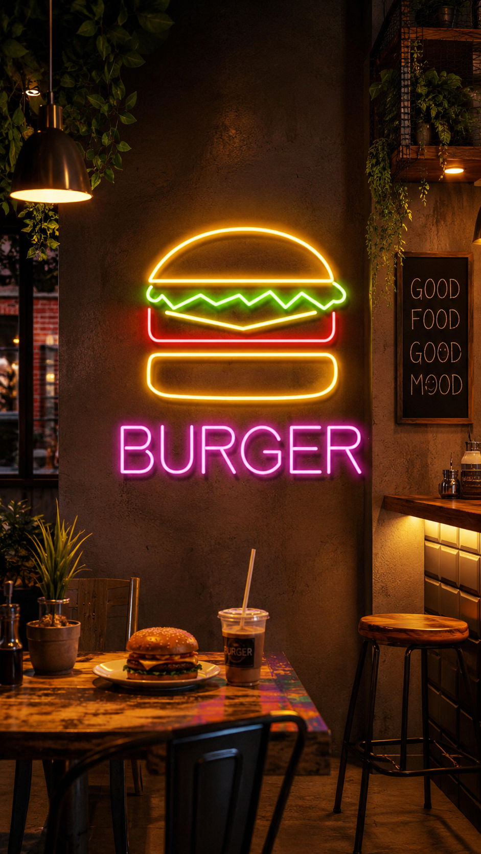 Burger neon led tabela, fast-food dükkanının iç duvarında