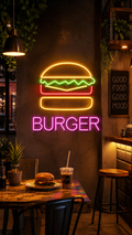 Burger neon led tabela, fast-food dükkanının iç duvarında