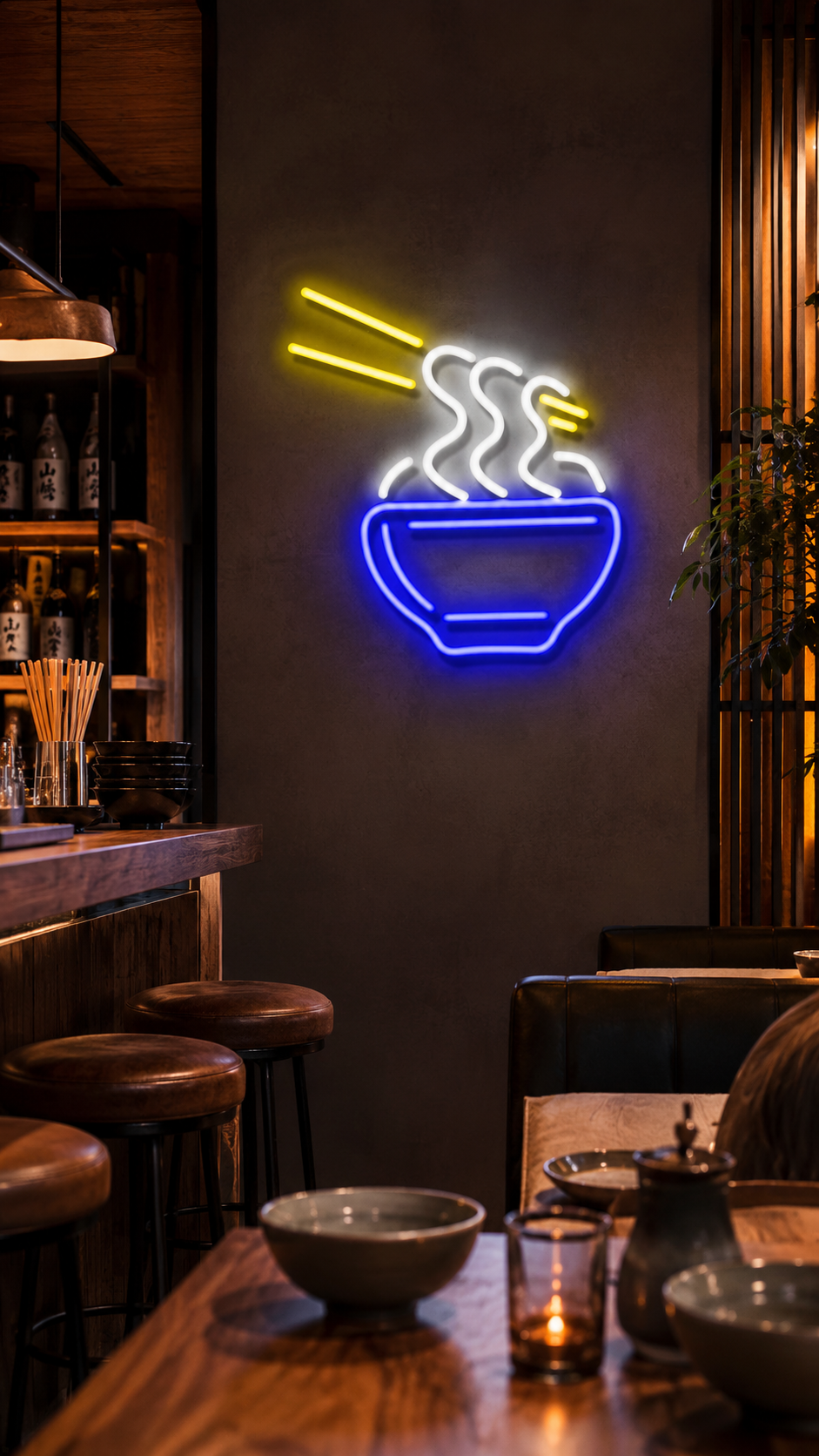 Mavi noodle kasesi neon led tabela, Asya mutfağı restoranında